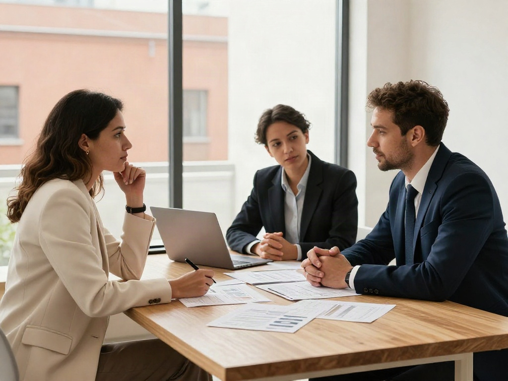Consultants working together to review business reports and identify next steps
